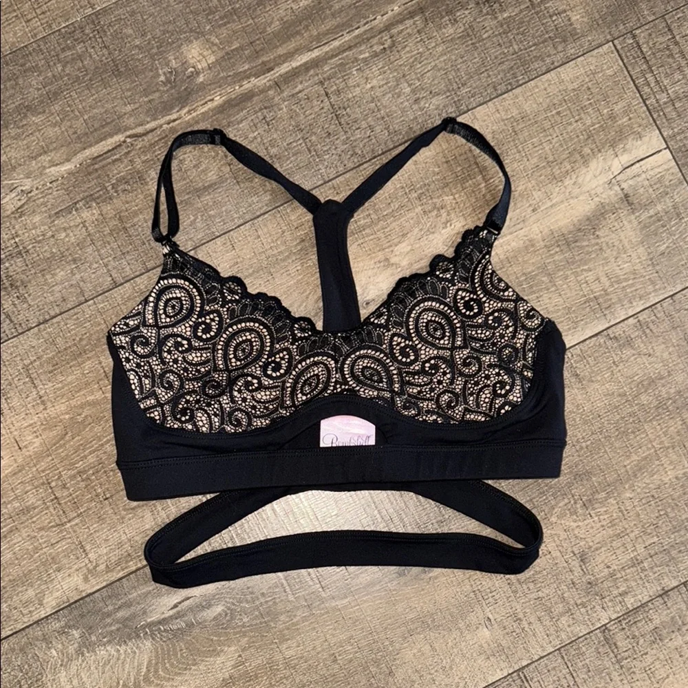 Bombshell Sportswear Black & Nude Lace Strappy Sports Bra - Picture 2 of 3